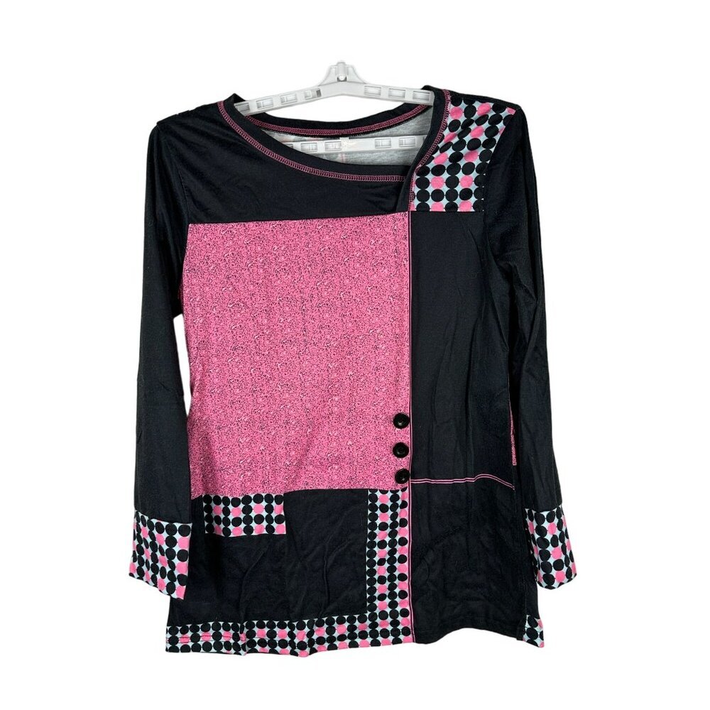 Patchwork Long Sleeve Top With Button Accents - L